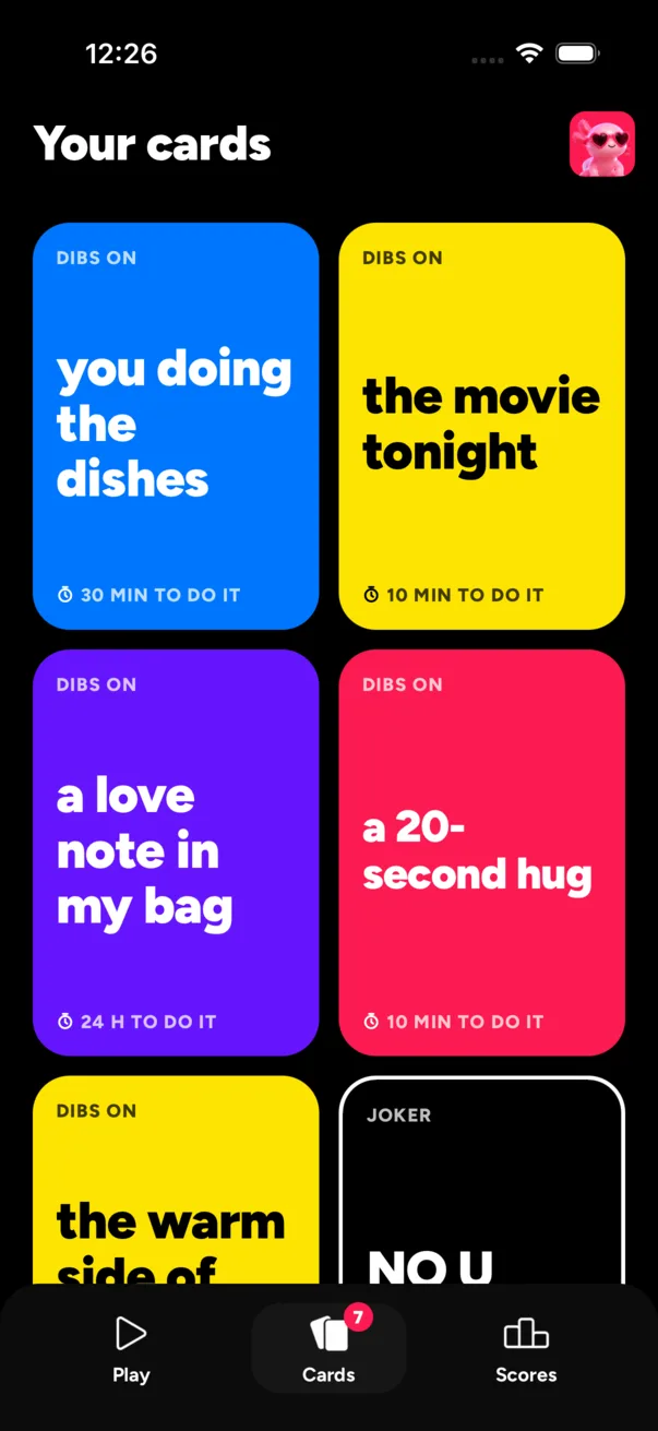 The Your cards screen of Dibs, with cards like Dibs on you doing the dishes and Dibs on the movie tonight