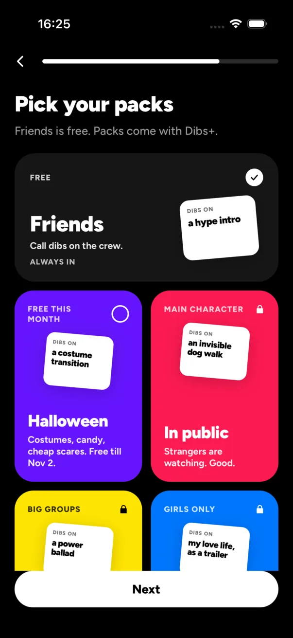 The Pick your packs screen of Dibs, with the Friends deck and the Halloween, In public, Party and Girls night packs